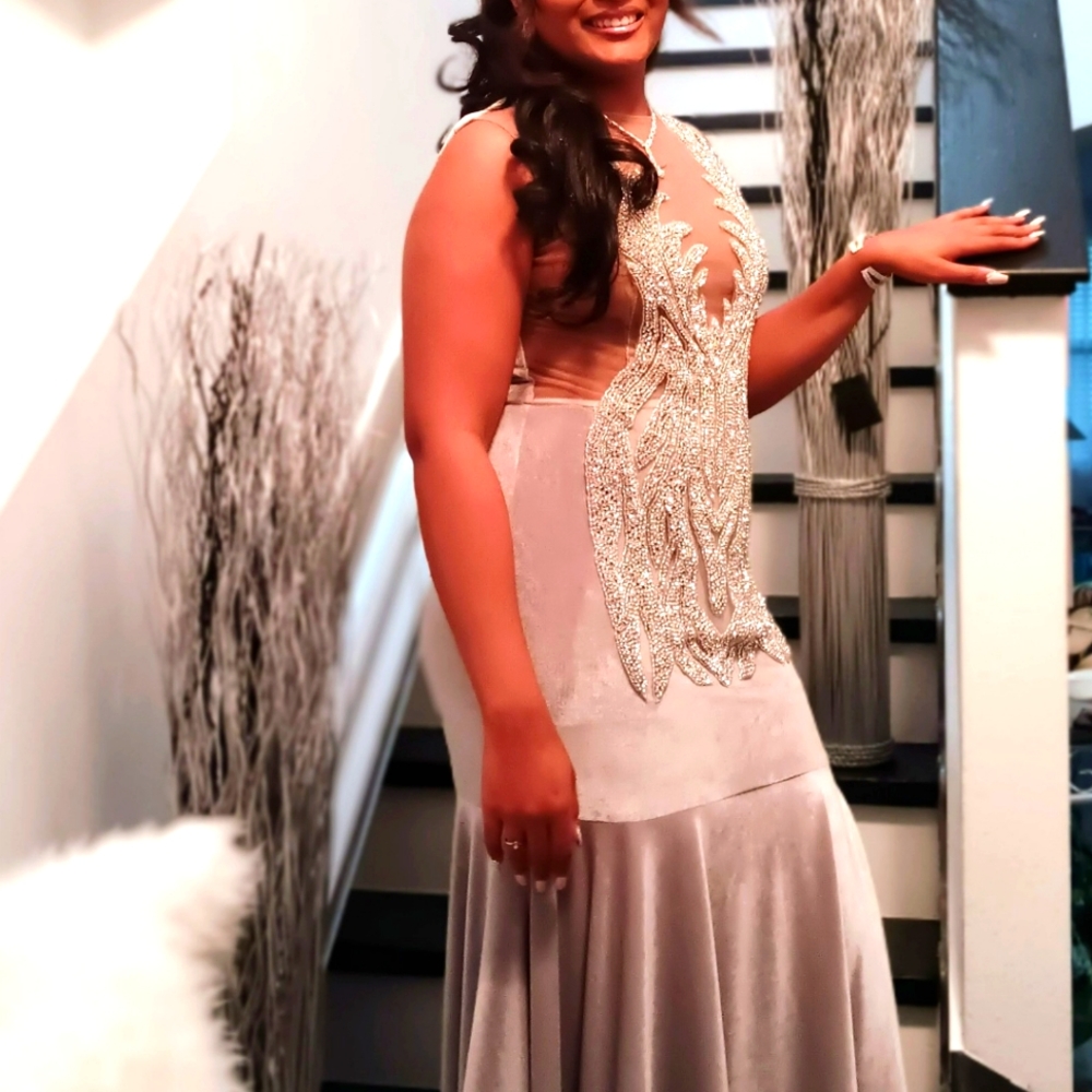 Beautiful Silver & Gray Toned Formal Gown with Open Down Chest Sheer Top & Back